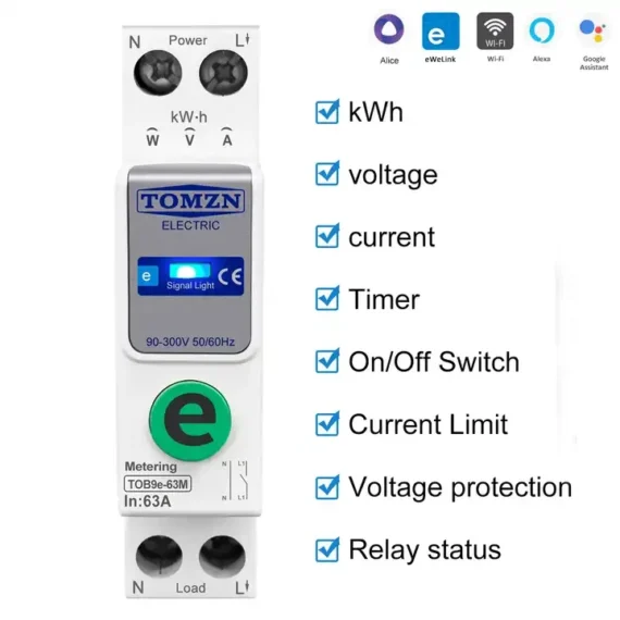 TOB9e-63M Kwh Monitoring Circuit Breaker 63A WIFI Smart Switch with monitoring and Protection, TOMZN wifi breaker full function