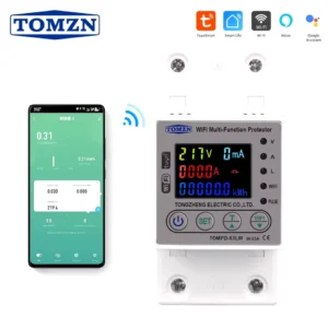 All in One TOMPD 63LW 63A WIFI Smart Circuit Breaker with voltage current and leakage protection. Tomzn 10in1 Smart Protector