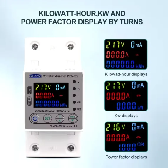 All in One TOMPD 63LW 63A WIFI Smart Circuit Breaker with voltage current and leakage protection. Tomzn 10in1 Smart Protector